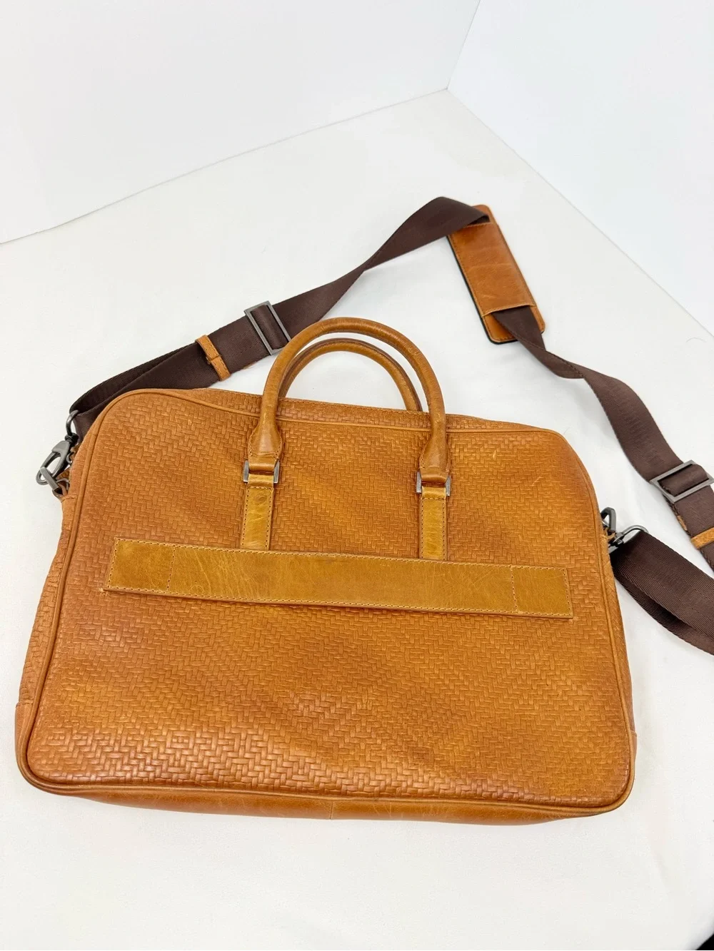 Jos A Bank Brown Leather Woven Texture Double Handle Shoulder Strap Commuter Bag